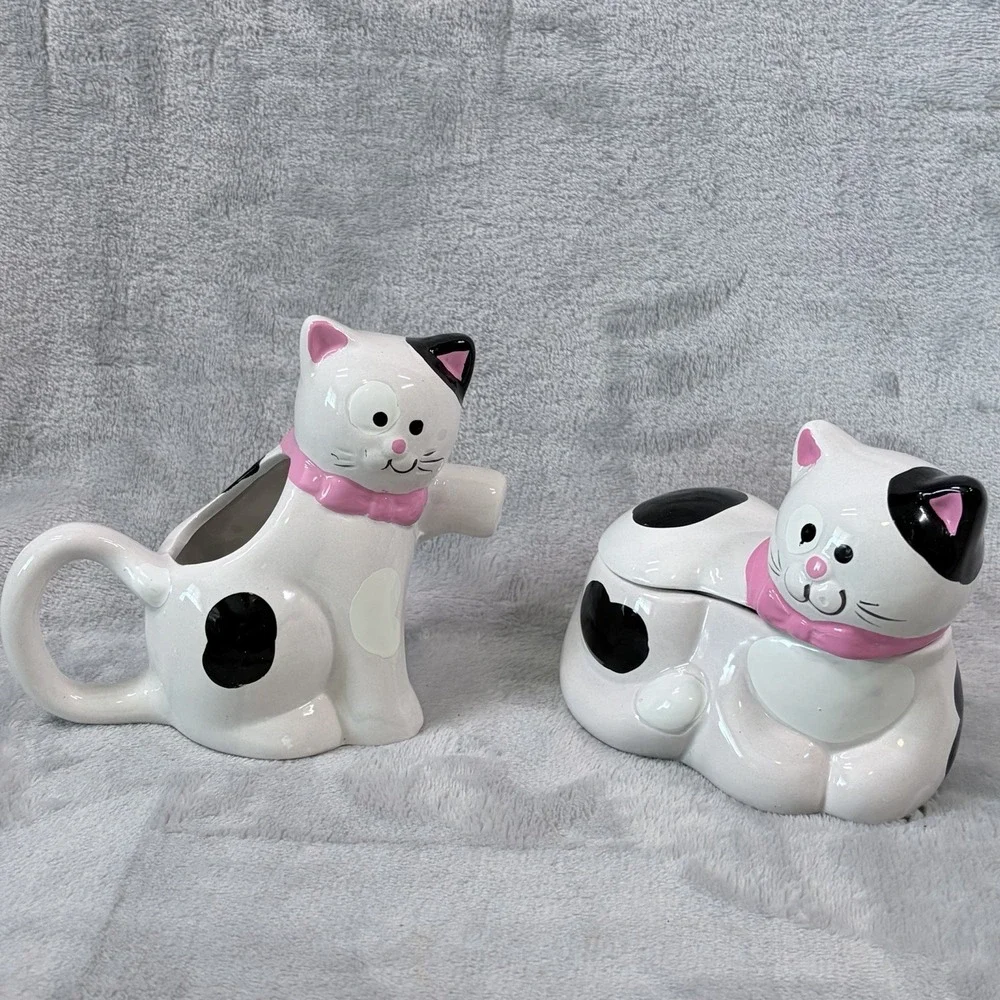 Vintage Ceramic Cat Creamer & Sugar Bowl Set Pink Bow Kitty Kitsch Kitchen Decor